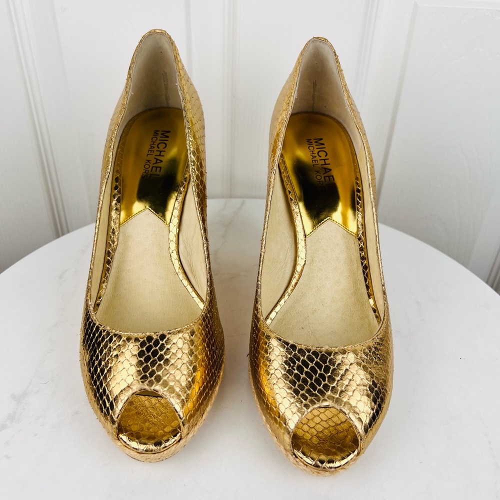 MICHAEL KORS Gold Leather Espadrille Wedge Slip On Peep Toes Pumps Shoes - Picture 4 of 11